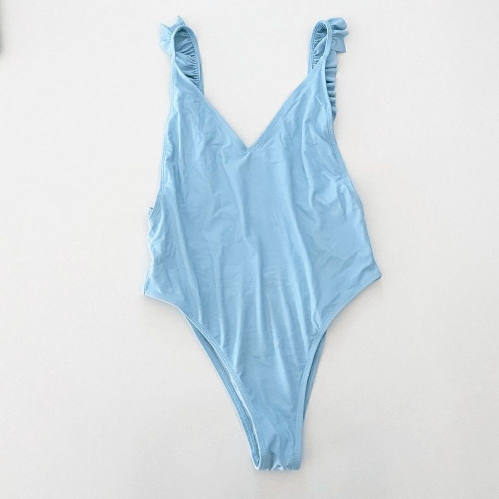 Womens SheIn One Piece Bathing Suit Monokini Ruffle Deep Plunge Small Light Blue